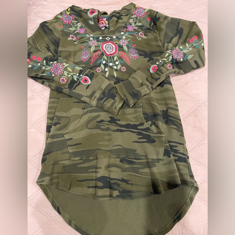Johnny Was camo thermal with floral stitching